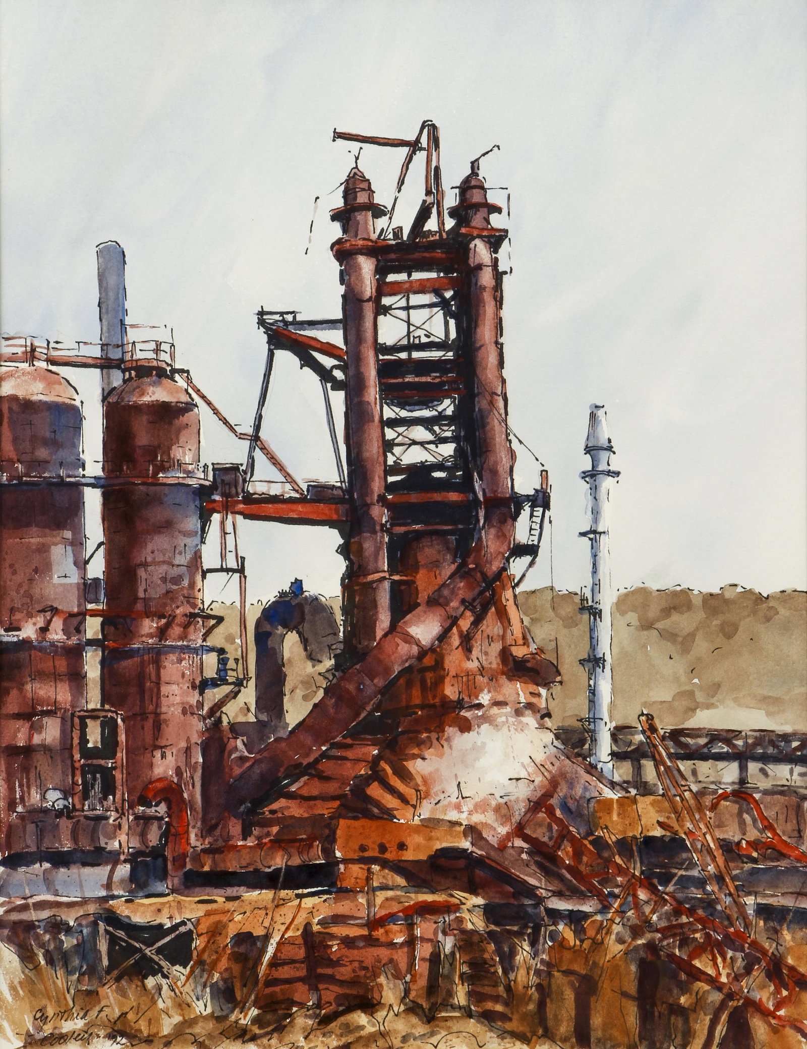 Cynthia Cooley watercolor Blast Furnace: Cooley, Cynthia (Pittsburgh/American, Contemporary), Blast Furnace, 1992, watercolor and ink, 15 x 11.5 inches, signed and dated lower left, framed in silver metal measuring 22 x 18 inches .
