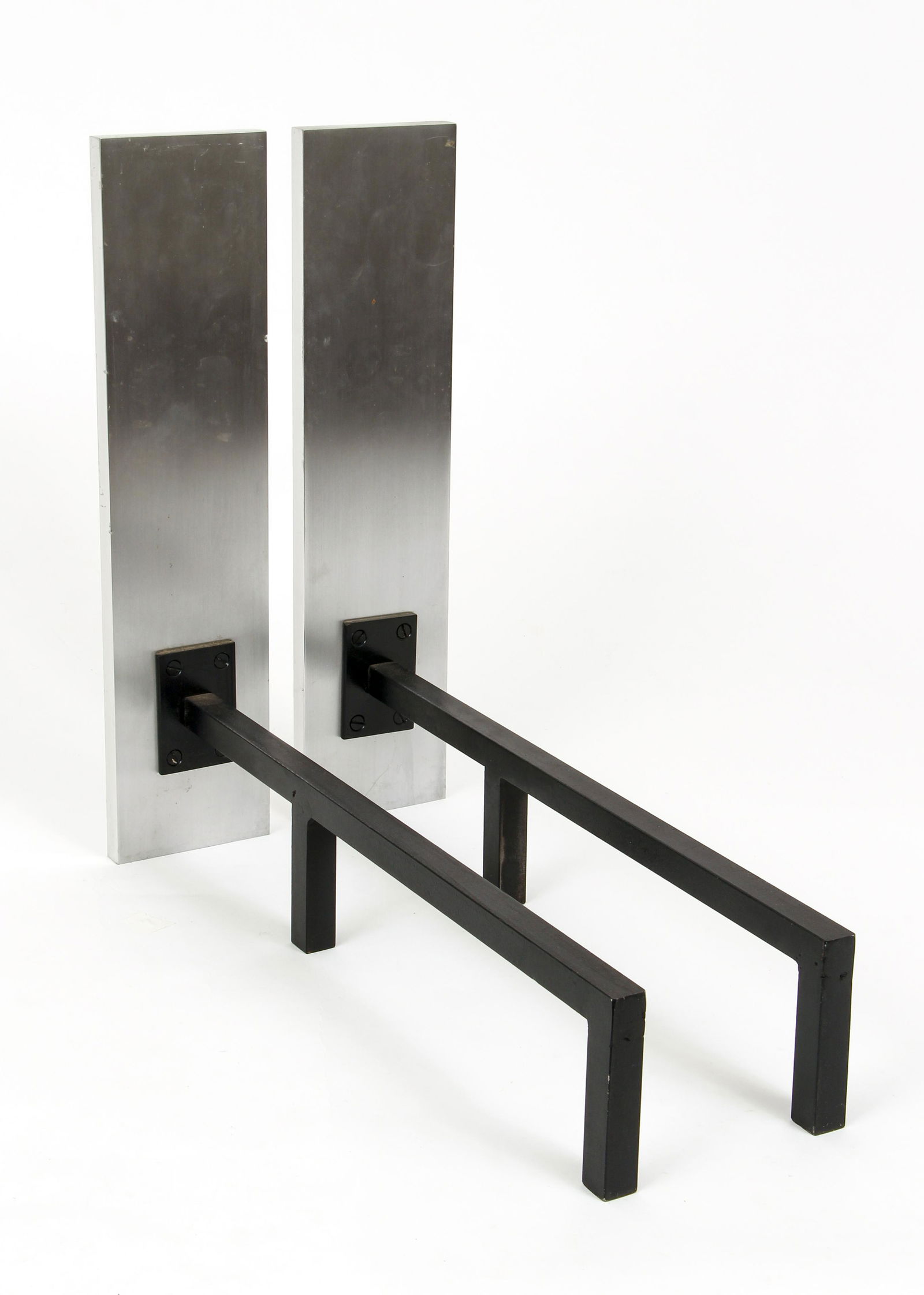 Set of Brushed Chrome Andirons: Set of 20th century Brushed Chrome Andirons, 17 x 4 x 19 inches, metal legs.