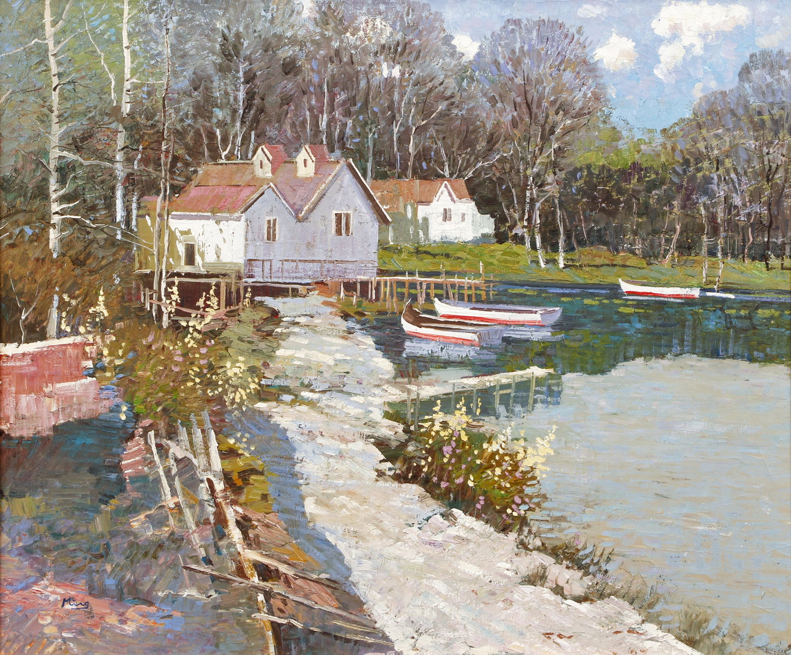 Ming Feng House on the Lake Oil on Canvas: Feng, Ming (Chinese/American, contemporary), House on the Lake, c. late 20th or early 21st century, oil on canvas, signed lower left, 19.5 x 24 inches, framed 24 x 28.5 inches.