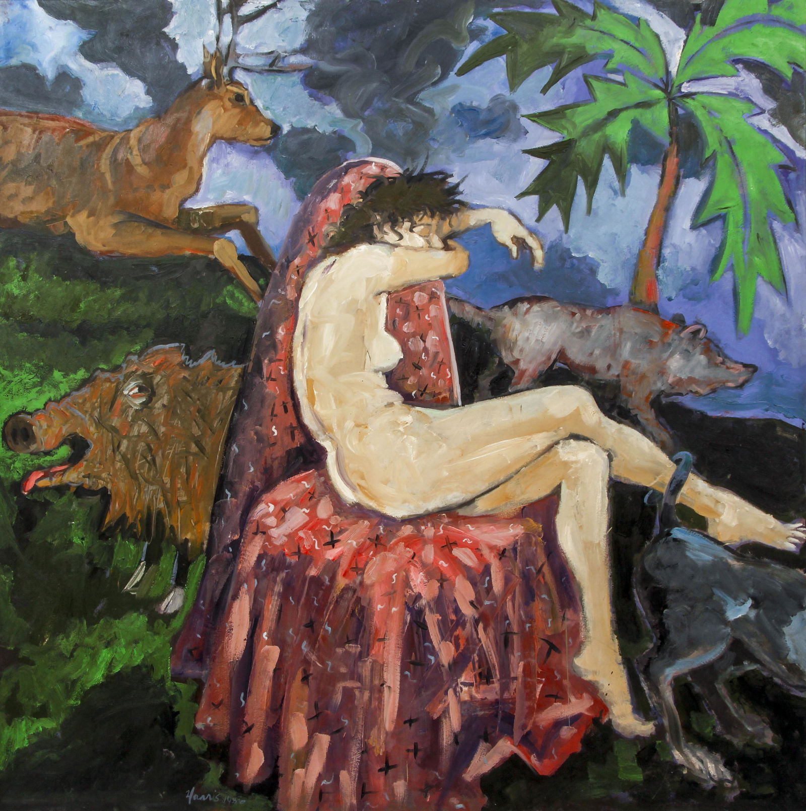 Frank Harris 1986 painting, Untitled Nude: Harris, Frank (Contemporary American), Untitled Nude,1986, acrylic on masonite, 48 x 48 inches, signed and dated lower left, framed in a silver metal frame, Provenance: Acquired from the artist