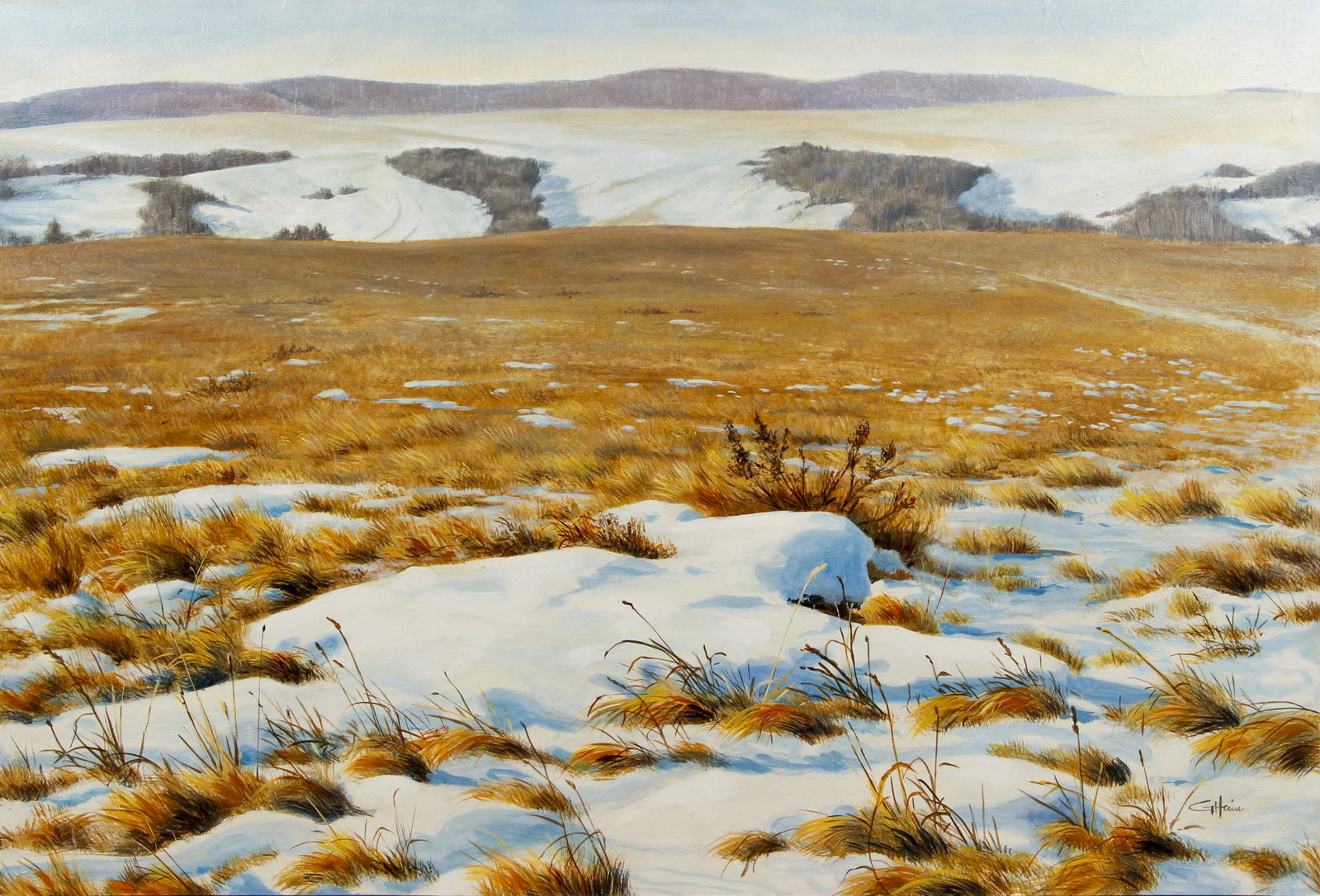 Guenter Heim acrylic on canvas Gold Canyon: Heim, Guenter (Canadian, born 1935), Gold Canyon, acrylic on canvas, 38 x 56.25 inches, signed lower right, farmed measuring 39 x 57 inches