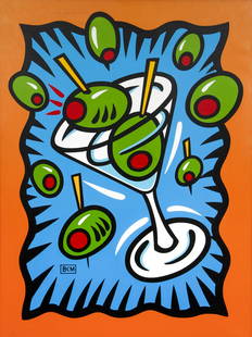 Burton Morris Shakin Not Stirred Acrylic Painting 1999: Morris, Burton (American, contemporary), Shakin Not Stirred, 1999, acrylic on canvas, monogrammed to lower left, signed and dated to lower right corner of reverse, titled and extra drawing of three ma