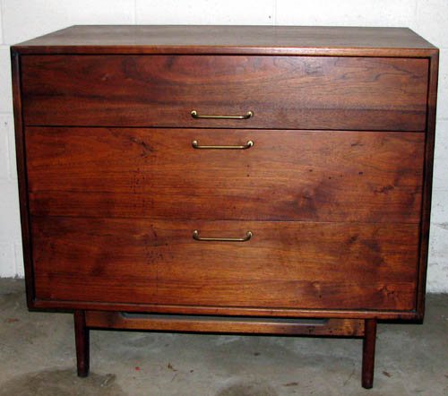 Jens Risom Chest/Dresser: Artist: Risom, Jens (Danish, b. 1916) Title: Three Drawer Dresser with Brass Handles Medium: walnut and brass Dimensions: 31.75 x 36 x 21 inches Signature: Jens Risom Design, Inc label on reverse