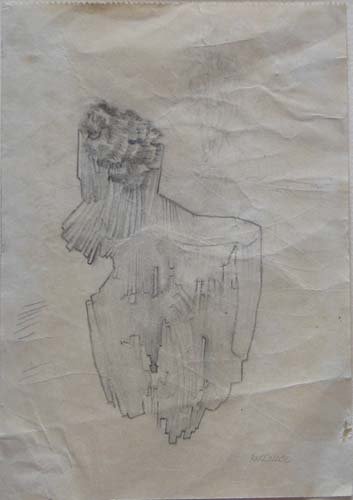 Hans Bellmer Abstract Form Pencil drawing: Artist: Bellmer, Hans (Polish/German, 1902-1975) Title: Abstract Form Medium: pencil drawing on creased paper Dimensions: 4.75 x 2.75 inches Signature: Pencil signed Bellmer lower right Proven