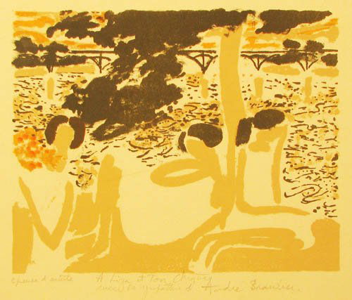 Andre Brasilier color lithograph: Artist: Brasilier, Andre (French, b. 1929) Title: L'Obstacle Date: 1965 Medium: color litho Dimensions: 7.2 x 9 inches Edition: epreuve d'artiste Signature: Pencil signed and i