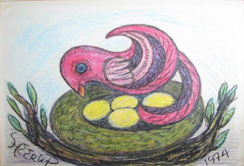 Henry Heerup color drawing Bird in Nest with Eggs: Artist: Heerup, Henry (Danish 1907-1993) Title: Mother Bird in Nest with Eggs Date: 1974 Medium: color pencil and oil stick drawing Dimensions: 8.5 x 12 inches Signature: signed Heerup lo