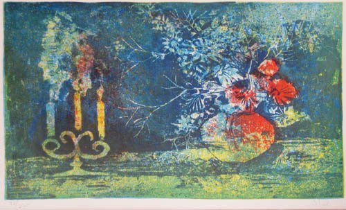 Hoi/Lebadang orig litho Candles and Flowers: Artist: Lebadang (Vietnamese, born 1922) Title: Candles and Flowers in Pot Date: n.d. Medium: lithograph printed in colors Dimensions: 12 x 18.25 inches Edition: 90/275 Signature:
