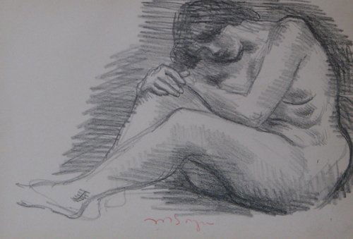 Moses Soyer drawing Seated Nude: Artist: Soyer, Moses (Russian/American 1899 - November 4, 1987 Title: Seated Female Nude Medium: black charcoal drawing Dimensions: 8.5 x 11.5 inches (sight size) Signature: signed in red pencil