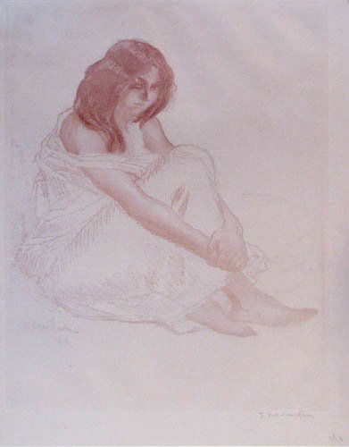 Theophile Alexandre Steinlen soft ground aquatint: Artist: Steinlen, Theophile Alexandre (French 1859-1923) Title: Seated Female Figure holding her Knees Date: 1914 Medium: Aquatint and soft ground etching Dimensions: 14 x 9.5 inches Edition: