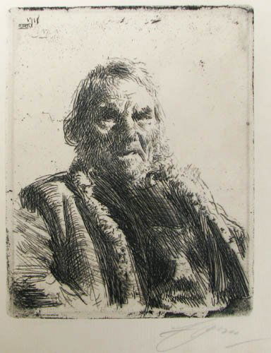 Anders Zorn orig etching Old Soldier: Artist: Zorn, Anders Leonard (Swedish 1860-1920) Title: Old Soldier (H+H #155, Asplund #245) Date: 1911 Medium: etching Dimensions: 5.5 x 4.25 inches Edition: no stated edition Sign