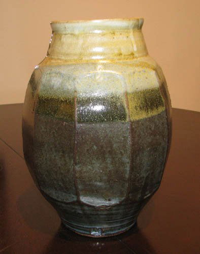 Warren Mackenzie Paddled Side Vase: Artist: Mackenzie, Warren (American, b. 1924) Title: Paddled Side Vase with blue green glaze Medium: stoneware with blue green glaze Dimensions: 11 inches tall Signature: signed with signature stamp <