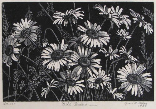 Grace Albee 1939 wood engraving Field Daises: Artist:Albee N.A., Grace Thurston Arnold (American 1890-1985) Title: Field Daises Date:1939 Medium:wood engraving Dimensions:5 x 7.5 inches Edition Number: ed. 100 Signature: pencil