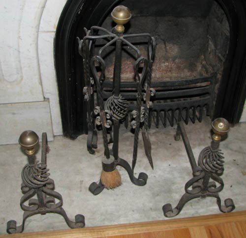 Set of Antique Wrought Iron Fireplace Tools and And: Title:Set of Antique Wrought Iron Fireplace Tools and Andirons Medium:wrought iron Dimensions:tools: 29 inches tall on holder
