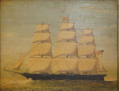 American Sailing Ship ptg: Artist:19th Century American Nautical School Title:Three Masted Bark Sailing Ship Date:mid 19th Century Medium:oil on metal panel Dimensions:12 x 15 5/8 inches Description: A lovely rendering o