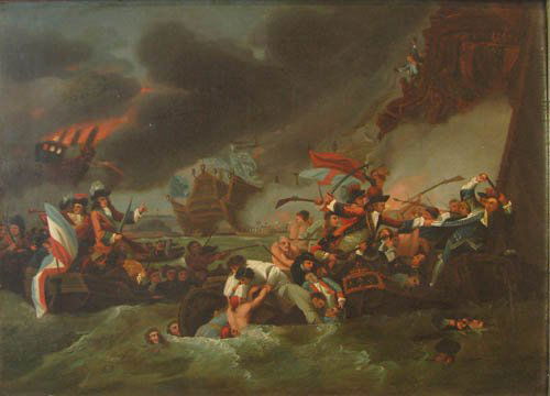 Naïve after Benjamin West Sea Battle of La Hogue: Artist:19th Century American or British Naïve School Title:The Battle of La Hogue, circa 1778 Date:19th Century Medium:oil on canvas, relined Dimensions:18.75 x 25.25 inches Description: A ver