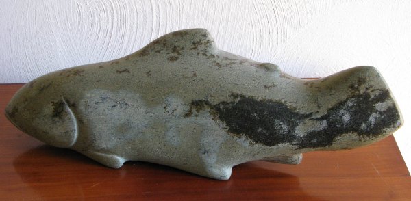 Carved Canadian Eskimo Soapstone Salmon: Title:Soapstone Salmon Medium:soapstone Dimensions:7 x 18 x 3.5 inches Signature: Canadian Eskimo Art paper tag on underside