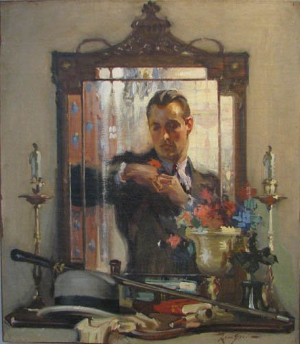 Leon Gordon Elegant Man in Mirror painting: Artist:Gordon, Leon (Russian-American, 1889-1943) Title:Elegant Man in Mirror Date:c. 1930s Medium:oil on canvas mounted to stretched canvas Dimensions:36.25 x 32 inches Signature: Signed Leon