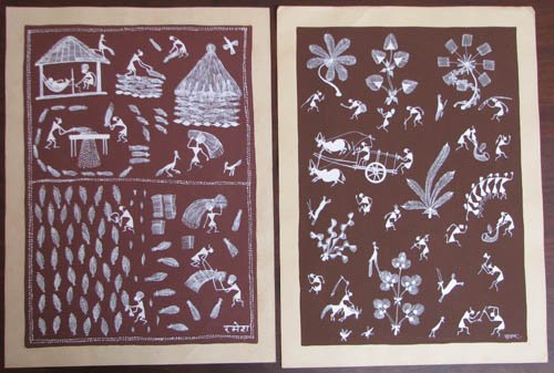 2 Warli Paintings Naïve Paintings: Artist:Warli (Children of the Forest) aboriginal People of Western India Title:Harvest Scene and People at Play Medium:rice based pigment over red clay slip Dimensions:13.25 x 9.5 inches Signature: ea