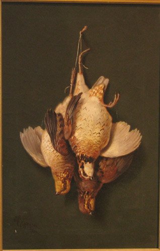 John C. Spencer Hanging Quail ptg: Artist:Spencer, John Clinton (American, 1861-1919) Title:Hanging Quail Date:1909 Medium:oil on canvas Dimensions:22 x 14 inches Signature: Signed JC Spencer 1909 lower left Frame Type: </