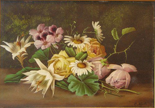 Possibly Edwin Steele Flowers on Ground 19th c. st: Artist:Steele, Edwin (British, 1837-1898) Title:Still Life with Bunch Flowers on Ground Date:late 19th century Medium:oil on cardboard Dimensions:11.5 x 16.5 inches Signature: Signed E. Steele