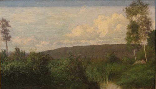 Alfred Wordsworth Thompson landscape painting: Artist:Thompson, Alfred Wordsworth (1870-1880) Title:Landscape Medium:oil on canvas Dimensions:8 x 14 inches Description: a pure landscape Signature: remnants of the signature lower left
