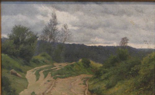 Possibly Wordsworth Thompson landscape painting: Artist:Thompson, Wordsworth (1870-1880) Title:Landscape with Country Road Medium:oil on canvas Dimensions:10 x 16 inches Signature: Bears inscription on reverse Wordsworth Thompson by an unknown hand
