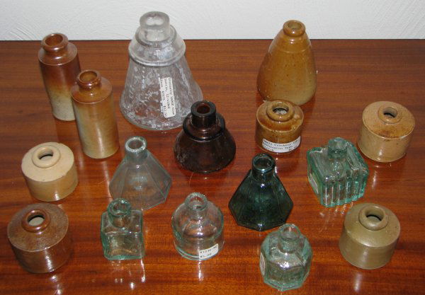 16 Assorted Antique Ceramic and Glass Ink and Glue: Title:Assorted English Antique Ceramic and blown molded Glass Ink and Glue Bottles including unusually large 12 sided glue bottle Medium:ceramic Dimensions:4.5 inches and smaller