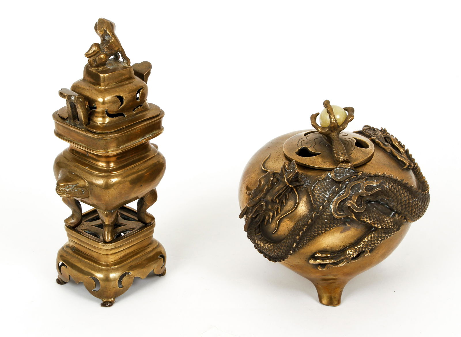 Pair Chinese Bronze Censers Dragons and Dog (1 of 9)