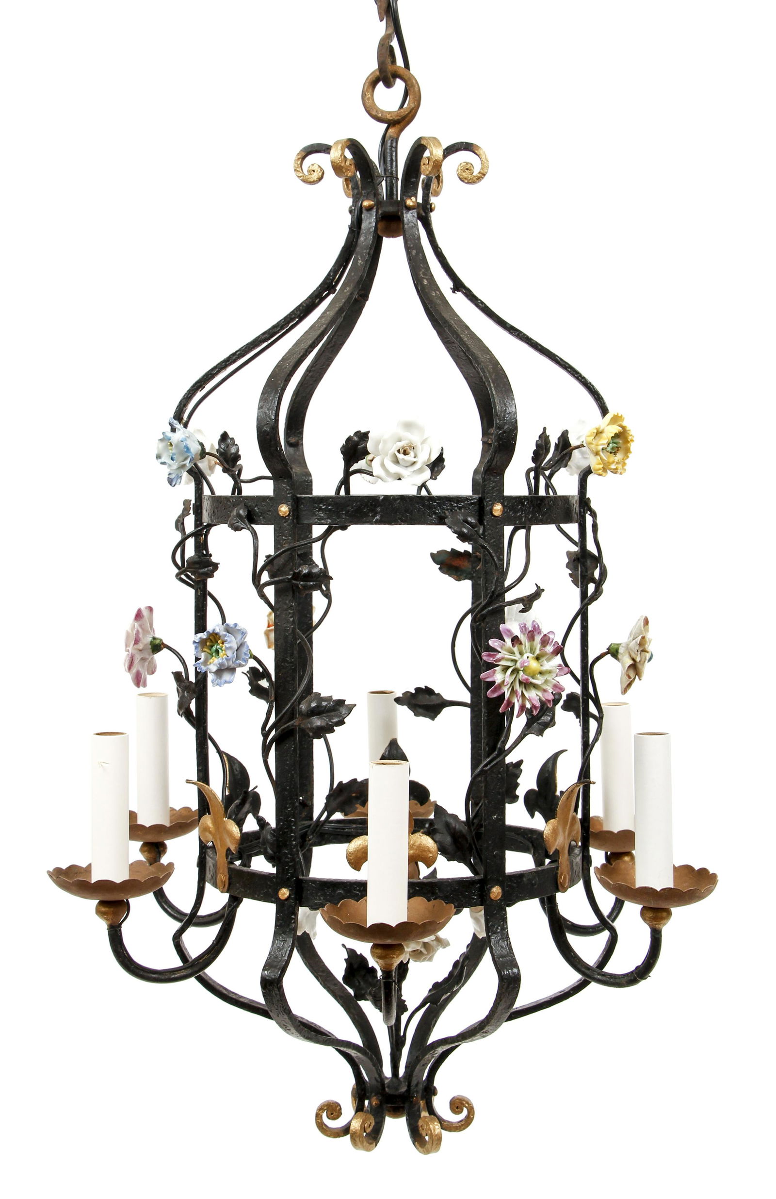Vintage French style Iron Chandelier Painted Flowers (1 of 6)