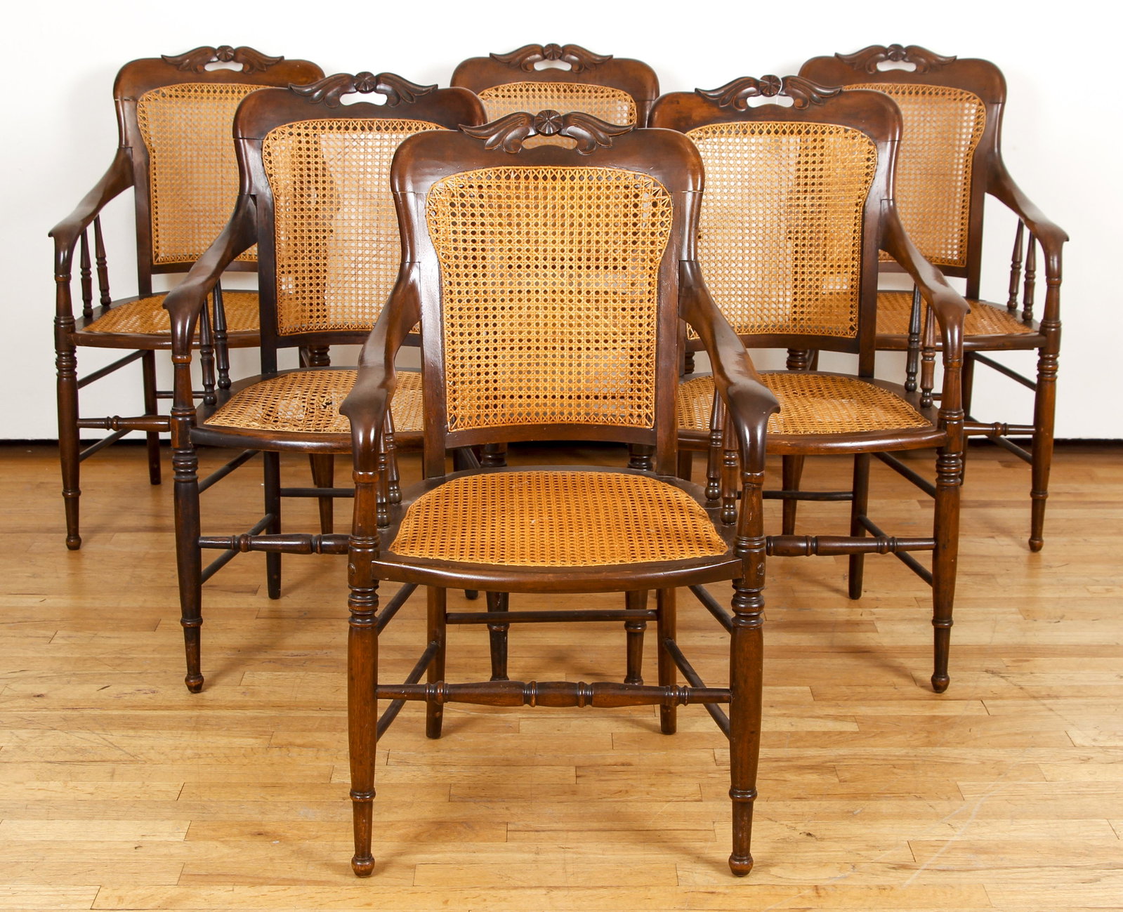 Set of 6 Wood and Cane Chairs attrib Heywood Brothers: Set of 6 Wood and Cane Chairs attributed to Heywood Brothers, c. early 20th century, recaned in the 1990s, 37 x 20.5 x 18 inches.
