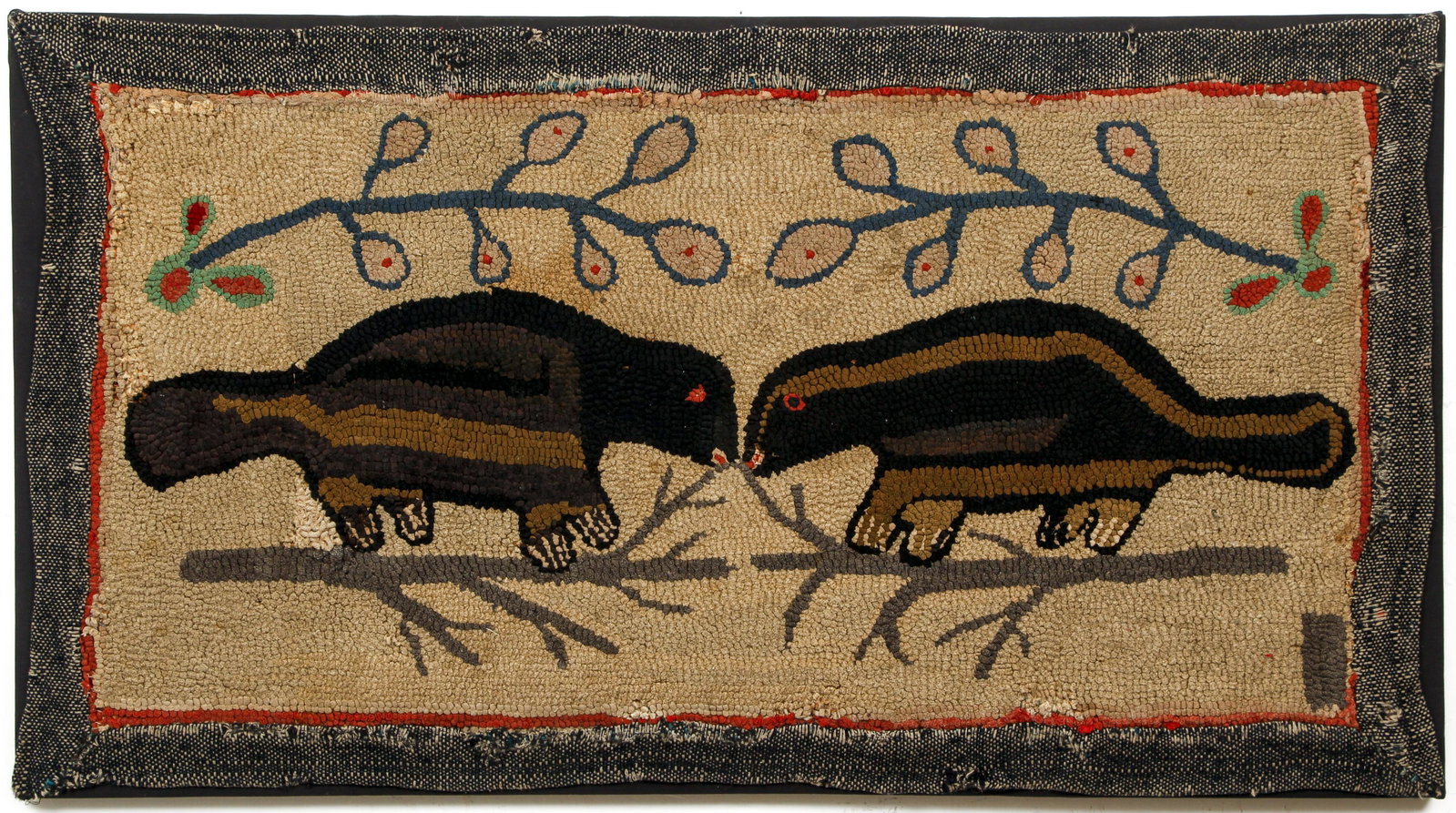 20th century Folk Art Weaving Badgers: Early to mid 20th century Folk Art Weaving of Badgers, sewn to backing board 24 x 42 inches.