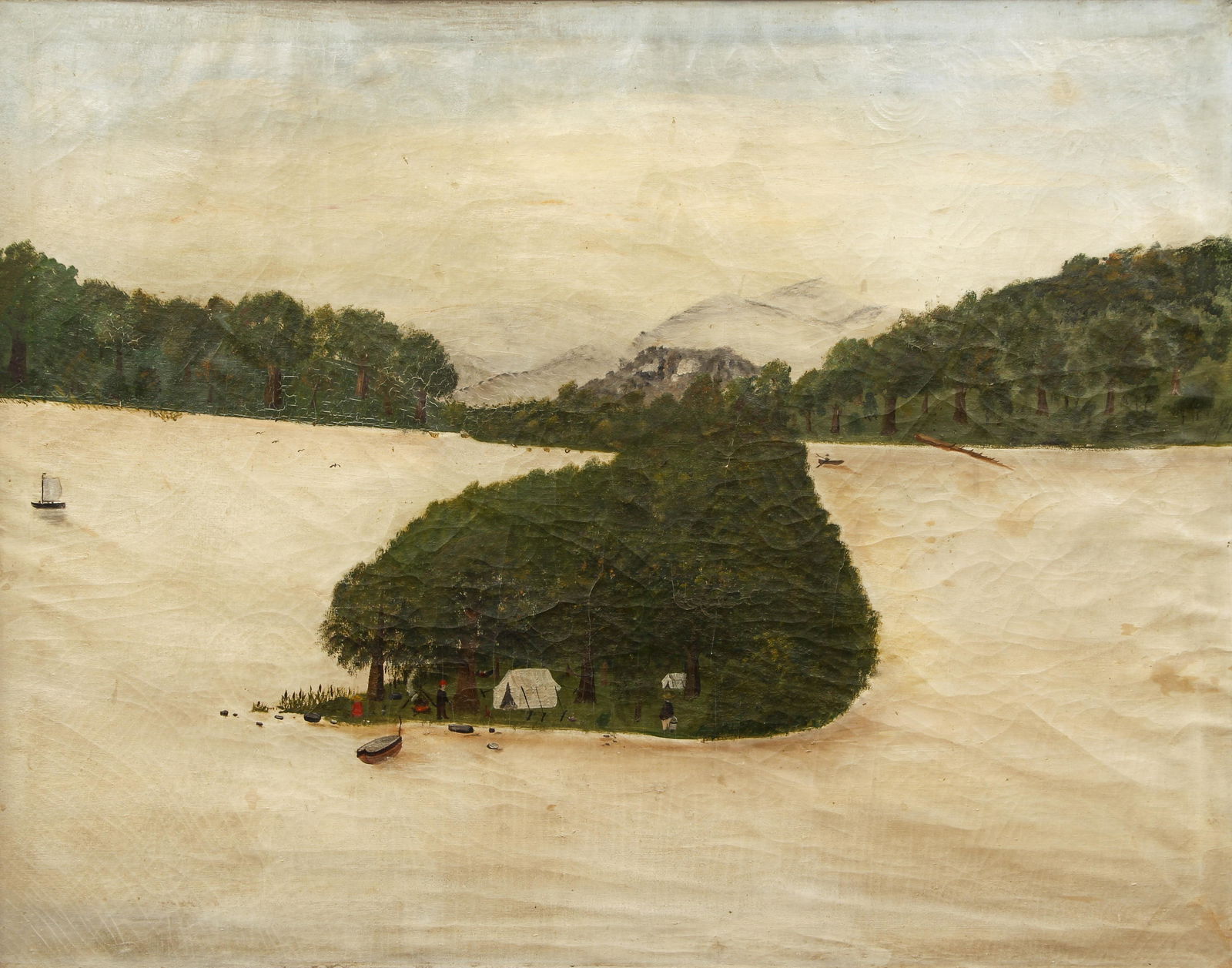 Mid 20th century Folk Art Painting Campers on Island (1 of 5)