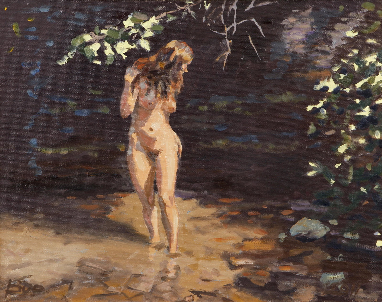 Bud Gibbons 2011 painting Nude Bathing in Stream: Gibbons, Charles "Bud" (American/Pittsburgh, born 1947), Nude Bathing in Stream, 2011, oil on canvas, 11 x 14 inches, signed Bud lower left and signed and dated on stretcher bar reverse, framed with a