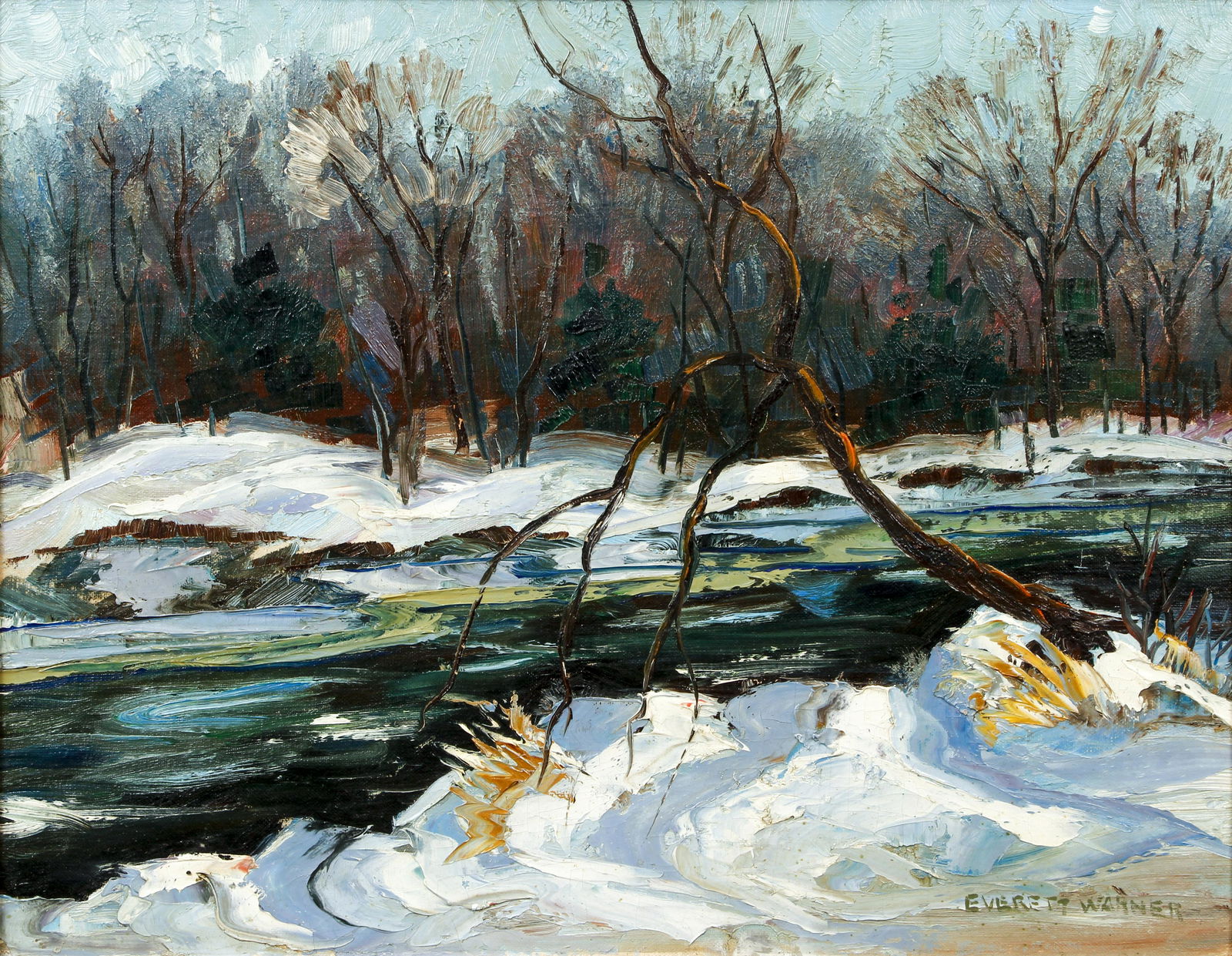 Everett Longley Warner oil Winter River: Warner, Everett Longley (American/Pittsburgh/CMU, 1877-1963), Winter River, oil on canvasboard, 14 x 18 inches, signed Everett Warner lower right, framed in a flat panel gilded wood frame measuring 19
