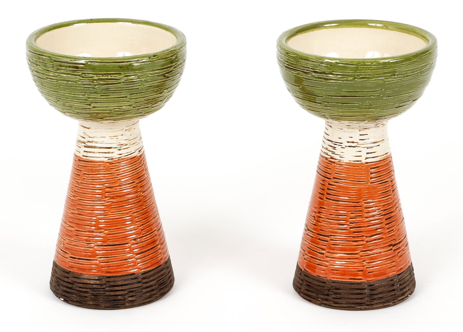 Pair Bitossi Candlesticks for Rosenthal Netter: Bitossi for Rosenthal Netter, Pair of Basket Weave Candlesticks, c.1970s, created in Italy, original label on base of one, glazed ceramic, height 7 inches.