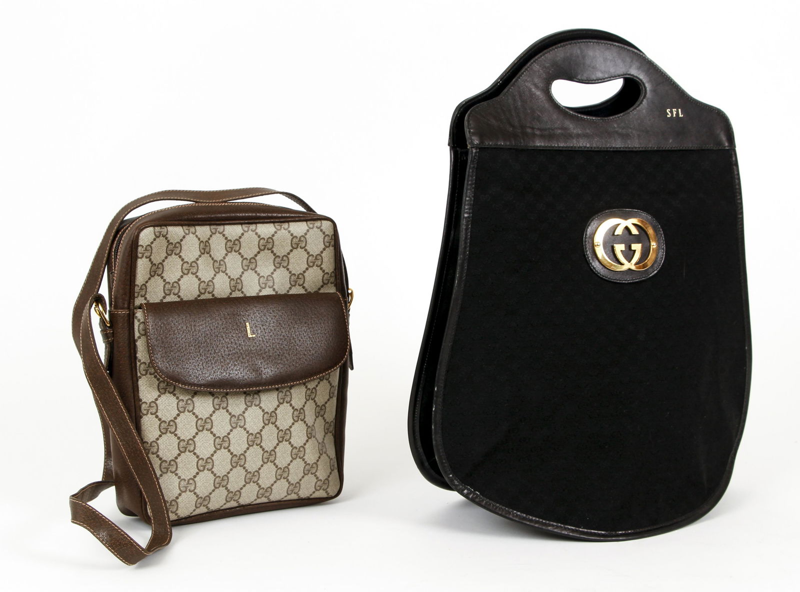 Pair of vintage Gucci Handbags Brown and Black leather (1 of 8)