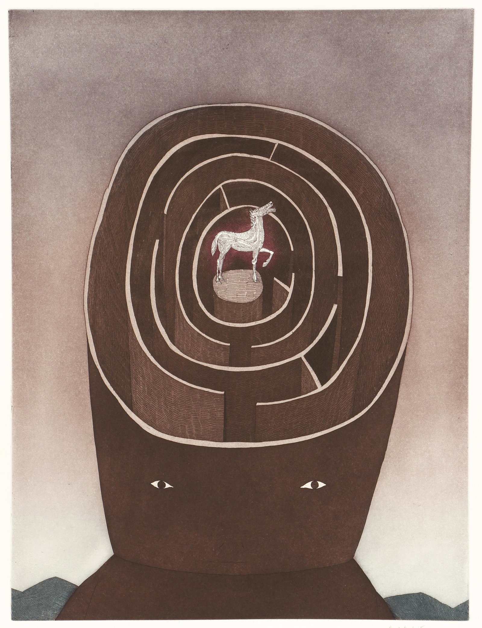 Jean Michel Folon Circular Ruins Signed Aquatint: Folon, Jean-Michel (Belgian, 1934-2005), Horse in Maze from the Circular Ruins Portfolio (Les Ruines Circulaires), (1974), etching and color aquatint on Arches paper, signed and marked E.A. (Artist's