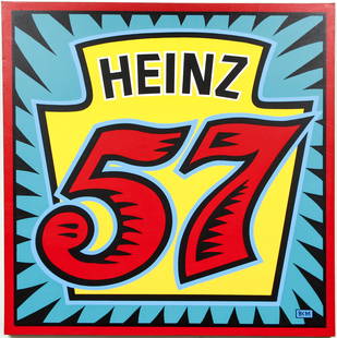 Burton Morris Heinz 57 Acrylic Painting on Canvas: Morris, Burton (American/Pittsburgh, contemporary), Heinz 57, 2002, acrylic on canvas, monogrammed lower right, signed, dated and titled on reverse, with additional inscription from Morris to Charles