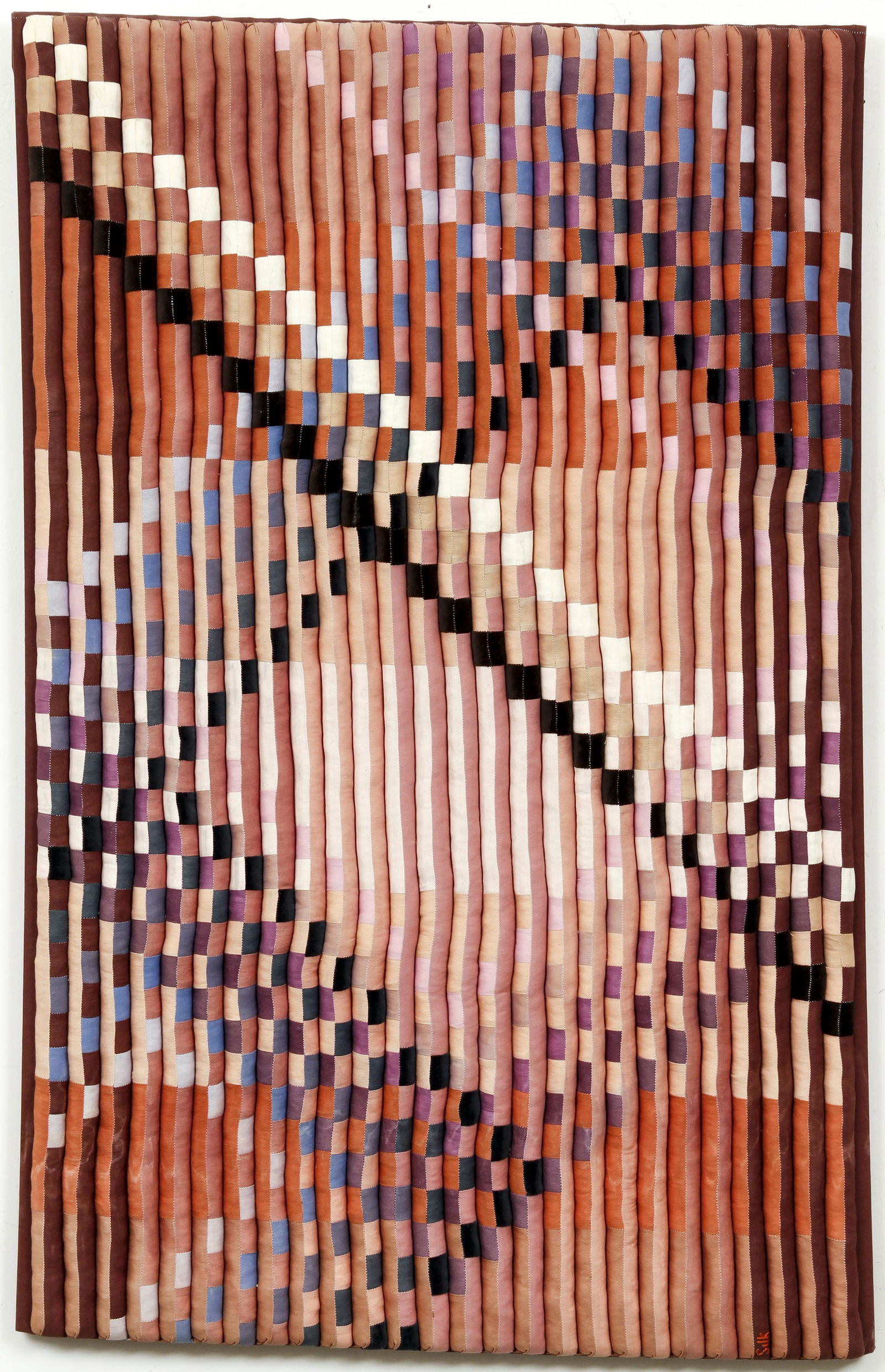 Louise Silk Fleeting Forms Fiber Art: Silk, Louise (American/Pittsburgh, contemporary), Fleeting Forms, 1984, fiber/fabric art, signed in thread lower right, and titled, dated and signed on label attached to the reverse, 26 x 40 inches, u