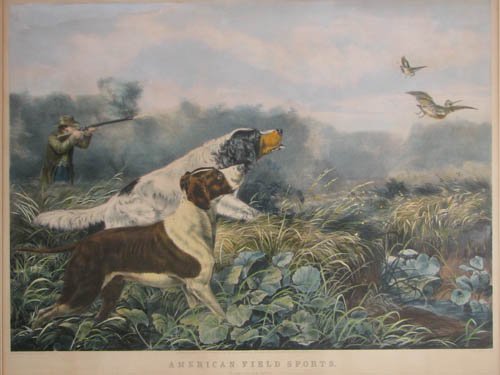 Currier and Ives American Field Sports:: Artist: Currier and Ives (Nathaniel Currier (1813–1888) and James Merritt Ives (1824–1895)) Title: AMERICAN FIELD SPORTS. "A Chance for Both Barrels" (Conningham, 148) Date: 1857 Medium: Lithograp