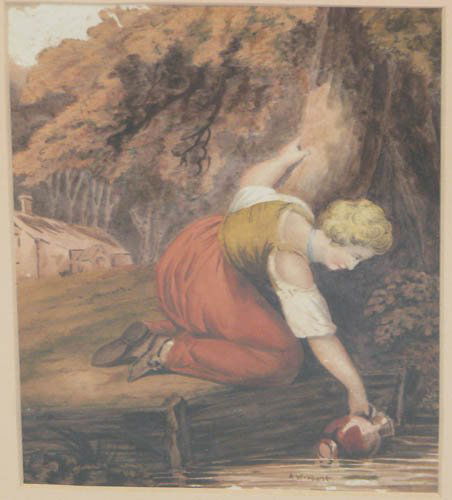 Alfred William Hunt British watercolor: Artist: Hunt, Alfred William (British 1830-1896) Title: Girl Collecting Water Medium: watercolor Dimensions: 6 x 8 inches Frame Type: dark wood Frame Size: 14.75 x 11.5 inches