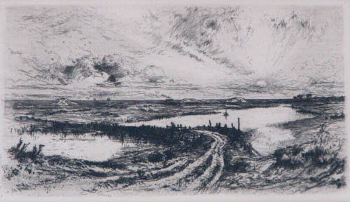Thomas Moran Morning 1880 etching: Artist: Moran, Thomas (American, 1837-1926) Title: Morning Date: 1880 Medium: etching on laid paper Dimensions: 4.5 x 7 inches Signature: Signed in the plate with a monogram lower left