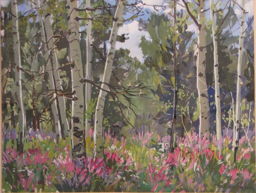 Ottmar F. Von Fuehrer Spring Landscape with Birch : Artist: Von Fuehrer, Ottmar F. (Austrian American 1900-1967) Title: Spring Landscape with Birch Trees Medium: gouache on paper Dimensions: 14.5 x 20.25 inches (sight) Signature: Signed O.F. Von Fueh