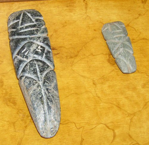 Pair of Carved Guatemalan Stone Totems: Title: Pair of Carved Guatemalan Stone Totems Medium: carved stone Dimensions: 5.5 x 1.5 x .5 inches; 2.25 x 1 x .25 inches Provenance: The Ruth Frank Collection