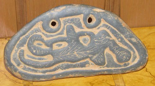 Mayan Terra Cotta Lizard Amulet: Title: Mayan Terra Cotta Lizard Amulet Medium: glazed and incised ceramic Dimensions: 3.5 x 6.75 x .5 inches Provenance: The Ruth Frank Collection