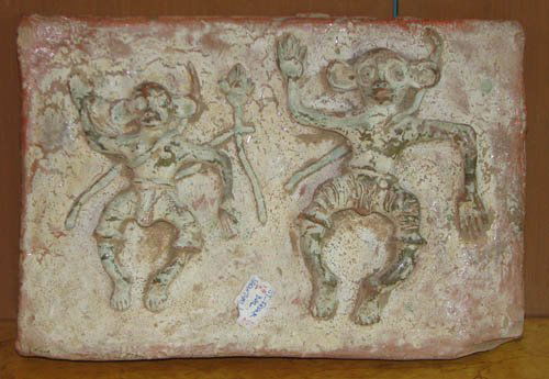 Burmese Wall Relief with 2 Dancing Figures: Title: Burmese Wall Relief with 2 Dancing Figures Medium: glazed ceramic tile relief Dimensions: 10.5 x 15.3 x 3 inches Provenance: The Ruth Frank Collection