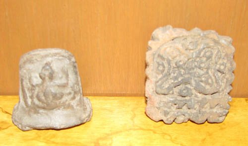 Pair of Mayan Artifacts: Title: Pair of Mayan Artifacts Medium: sculpted and incised ceramic Dimensions: 2.5 x 2.5 x .5 inches and 2 x 1.75 x 1.5 inches Provenance: Ruth Frank Collection