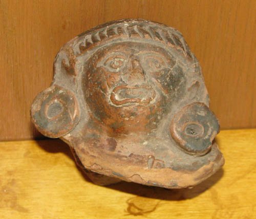 small Mayan clay goddess with headdress: Title: small Mayan clay goddess with headdress Medium: sculpted and incised ceramic Dimensions: 2.5 x 2.75 x 1.5 inches Provenance: Ruth Frank Collection
