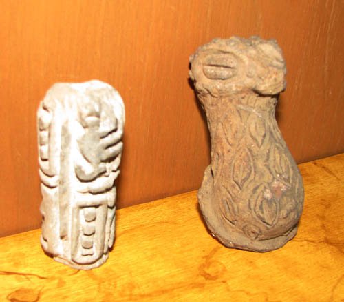 Pair of clay Guatemalan Mayan totem figurines, one: Title: Pair of clay Guatemalan Mayan totem figurines, one a peacock Medium: sculpted and incised ceramic Dimensions: 2.5 x 1 x 1 inches; 3.25 x 2 x 1.5 inches Provenance: Ruth Frank Collection