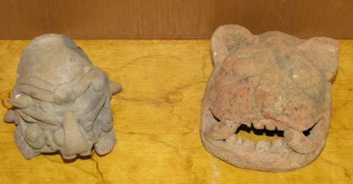 Pair of Mayan Clay Face Fragments: Title: Pair of Mayan Clay Face Fragments Medium: sculpted and incised clay Dimensions: 4 x 2 x 3 inches; 3 x 2 x 1.5 inches Provenance: Ruth Frank Collection
